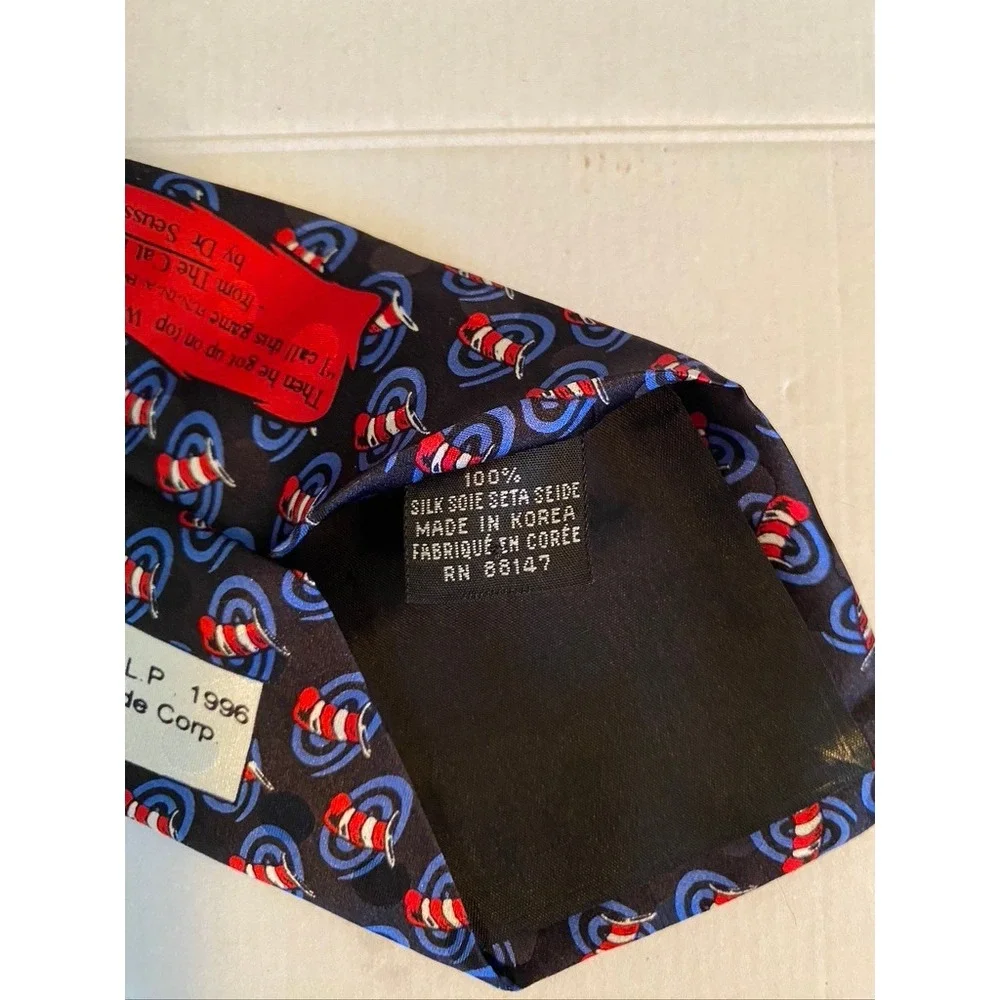 Vintage 1996 Dr Seuss Cat in the Hat Esprit de Corp Silk Tie Navy Blue Red 3348